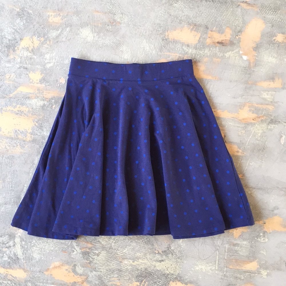 Navy Blue Dotted Stretchy Skater Mini Skirt